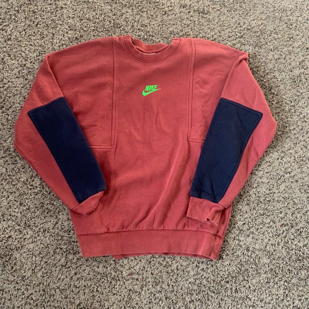 Nike Red Crewneck Sweatshirt With Green Logo & Navy Elbow Patches S